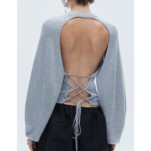 Mango Shimmer Open Back Lurex Sweater in Light Blue. NWT. Size XS